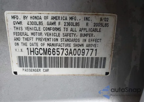 2003 Honda Accord 3.0 Ex z USA, uszkodzony, nr VIN 1HGCM66573A009771